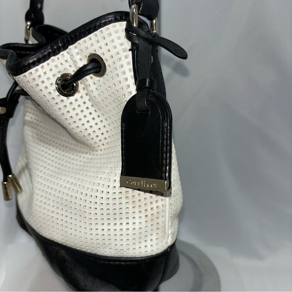 Cole Haan White Black Leather Perforated Bucket Bag - Picture 10 of 14